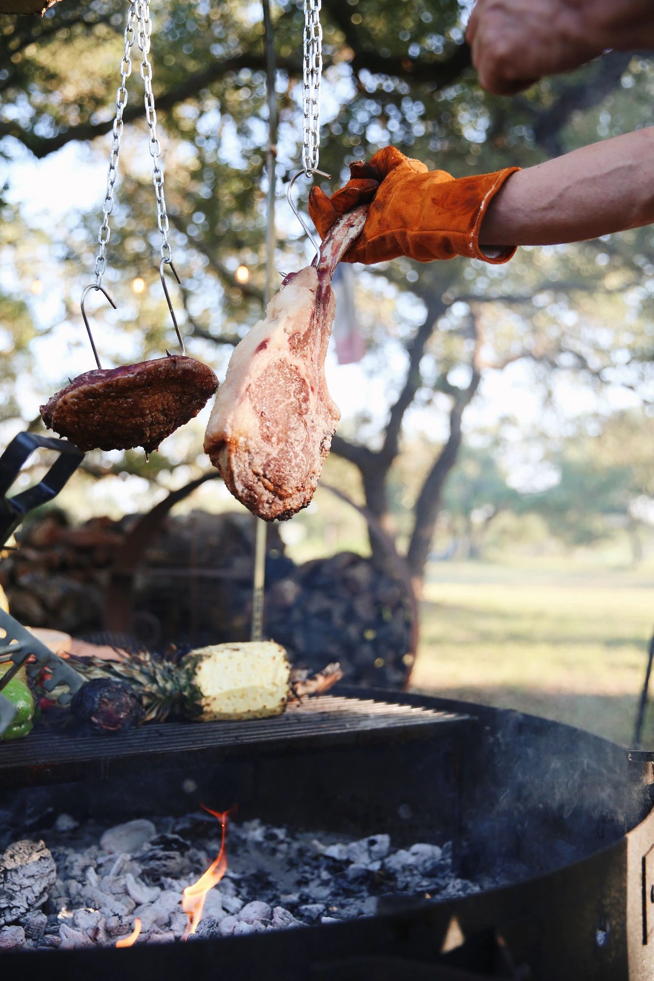 A gloved hand hanging a prime bone-in cut over glowing coals